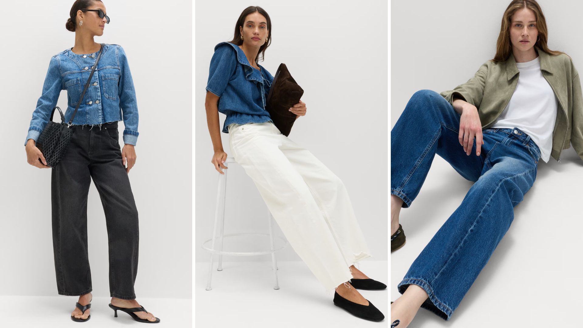 3 models wearing M&amp;S Mid Rise Barrel Jeans