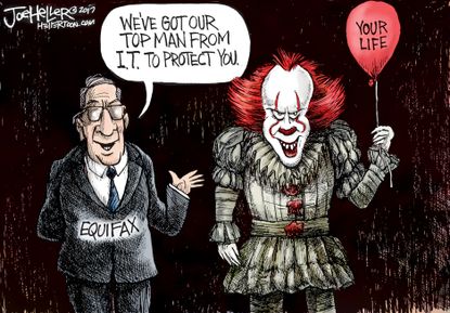 Editorial cartoon U.S. Equifax data breach IT movie clowns