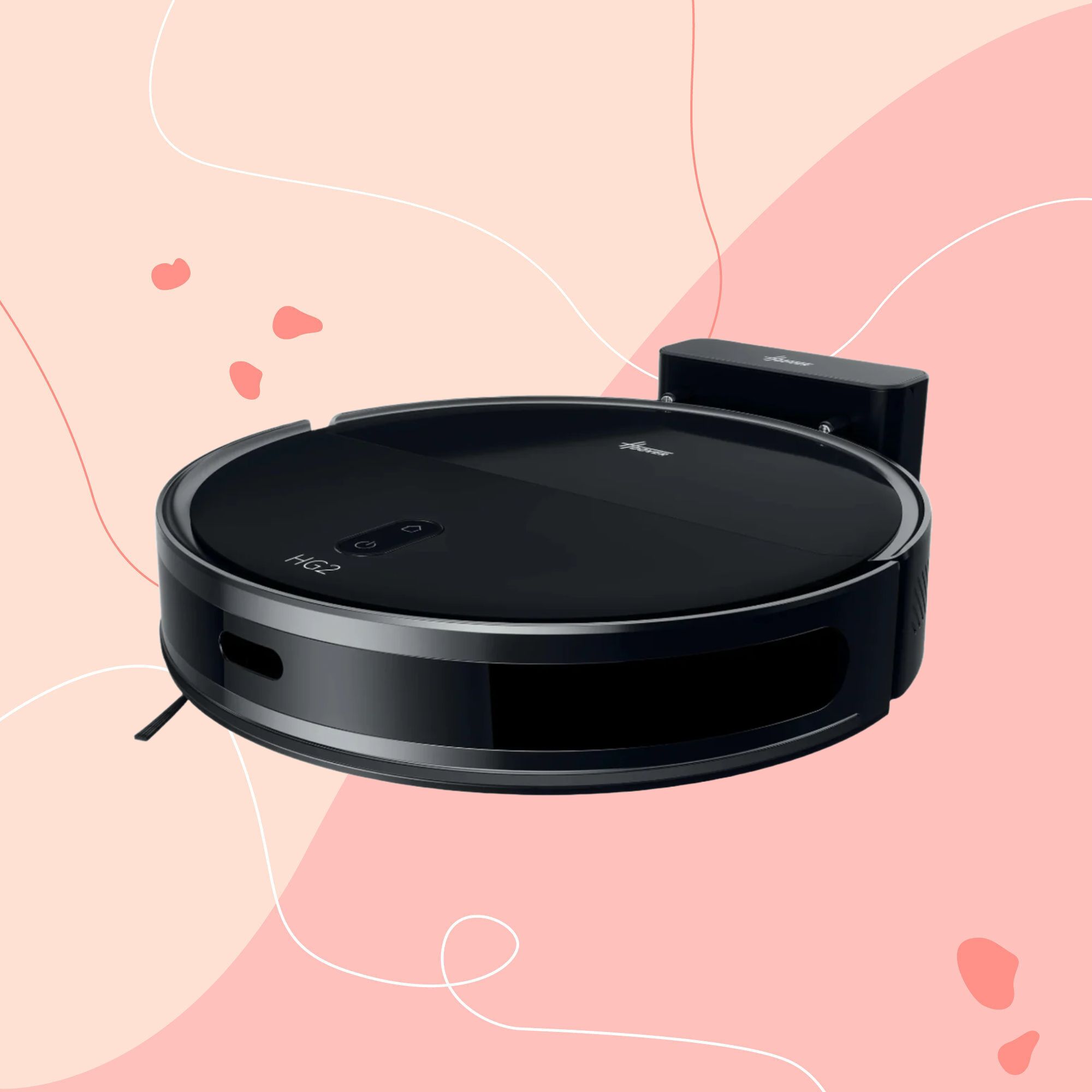 Hoover HG2 Turbo Slim Hydro Robot Vacuum Cleaner on a pink background
