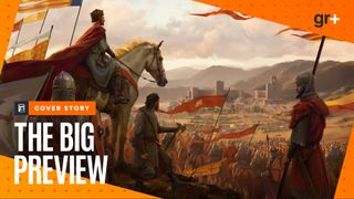 A king on horseback overlooking an army camped outside of a fortified city in concept art for Total War: Medieval 3, framed with The Big Preview branding from GamesRadar+