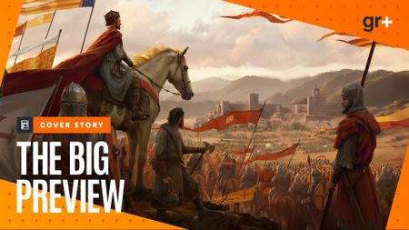 A king on horseback overlooking an army camped outside of a fortified city in concept art for Total War: Medieval 3, framed with The Big Preview branding from GamesRadar+