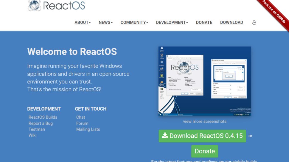 ReactOS website screenshot (February 2026).
