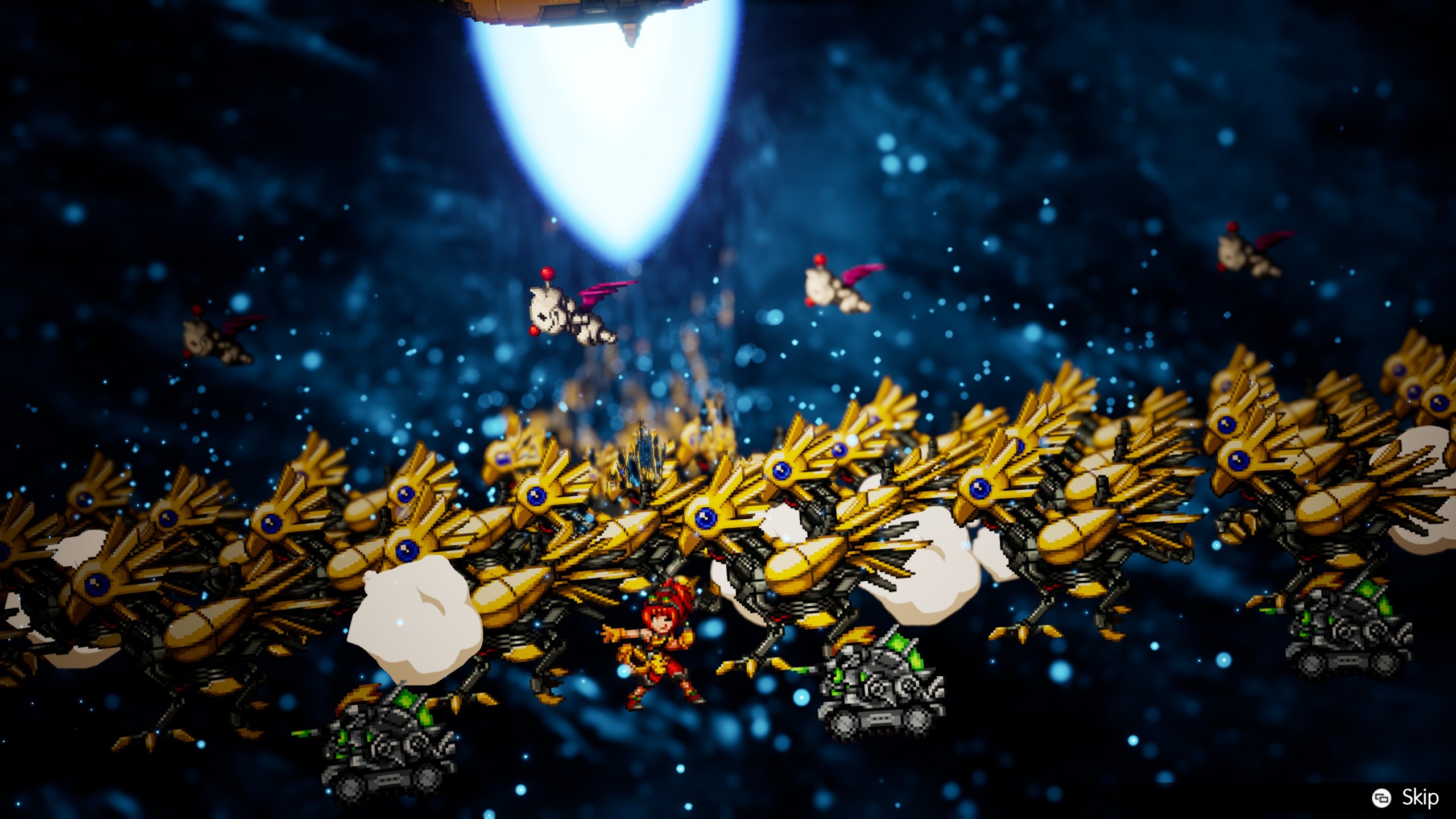 A character in red armor stands in the center of a large group of mechanical, yellow bird-like creatures and small winged beings against a dark, sparkling background.