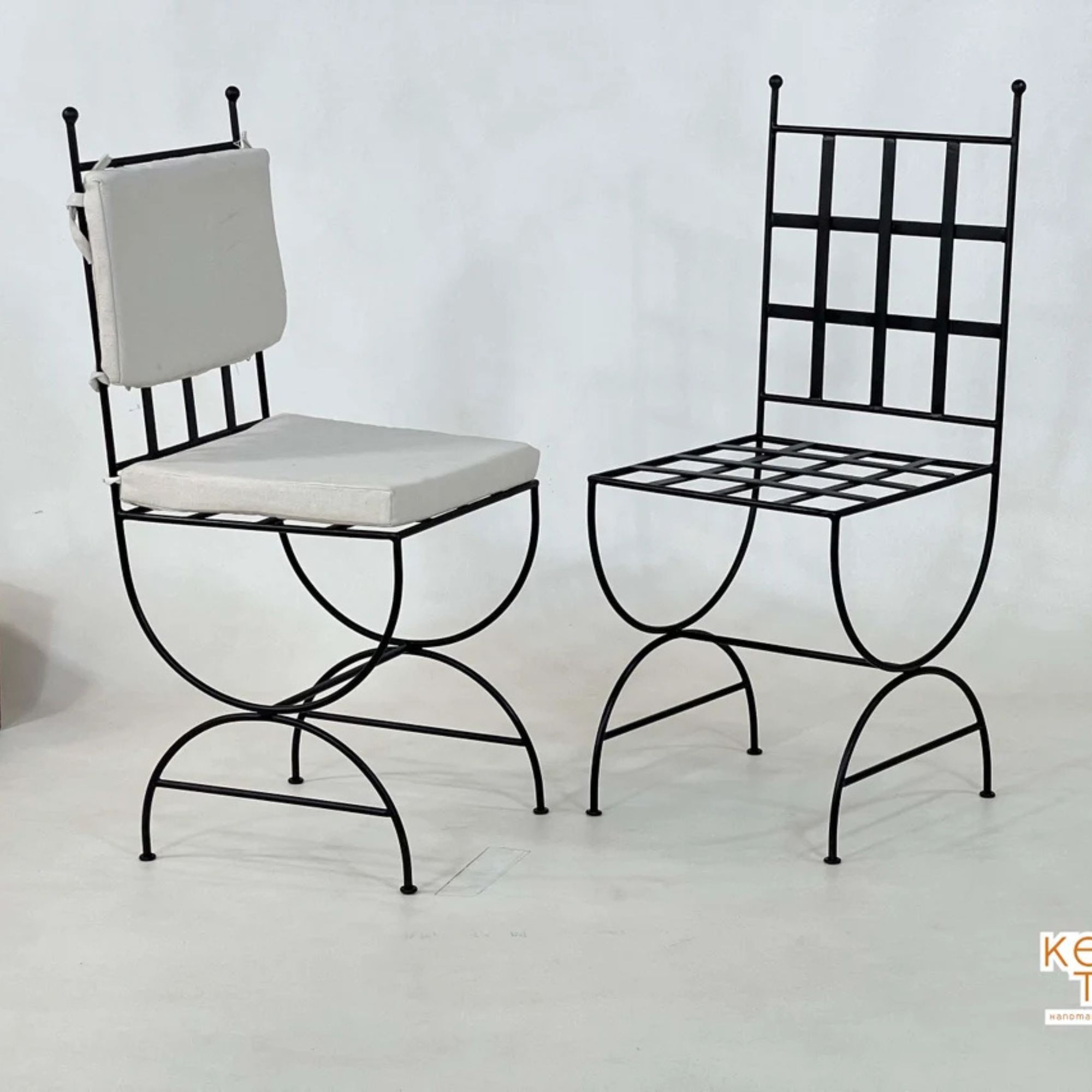 Set Of MOROCCAN IRON CHAIRS - Handmade Handpainted Iron Stool - Outdoor Wrought Chair With White Cushions - Chairs Set For Home Furniture