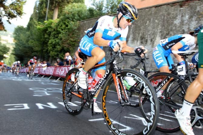 Previous double world champion Giorgia Bronzini (Italy) grimaces but stays in touch on the steep climb