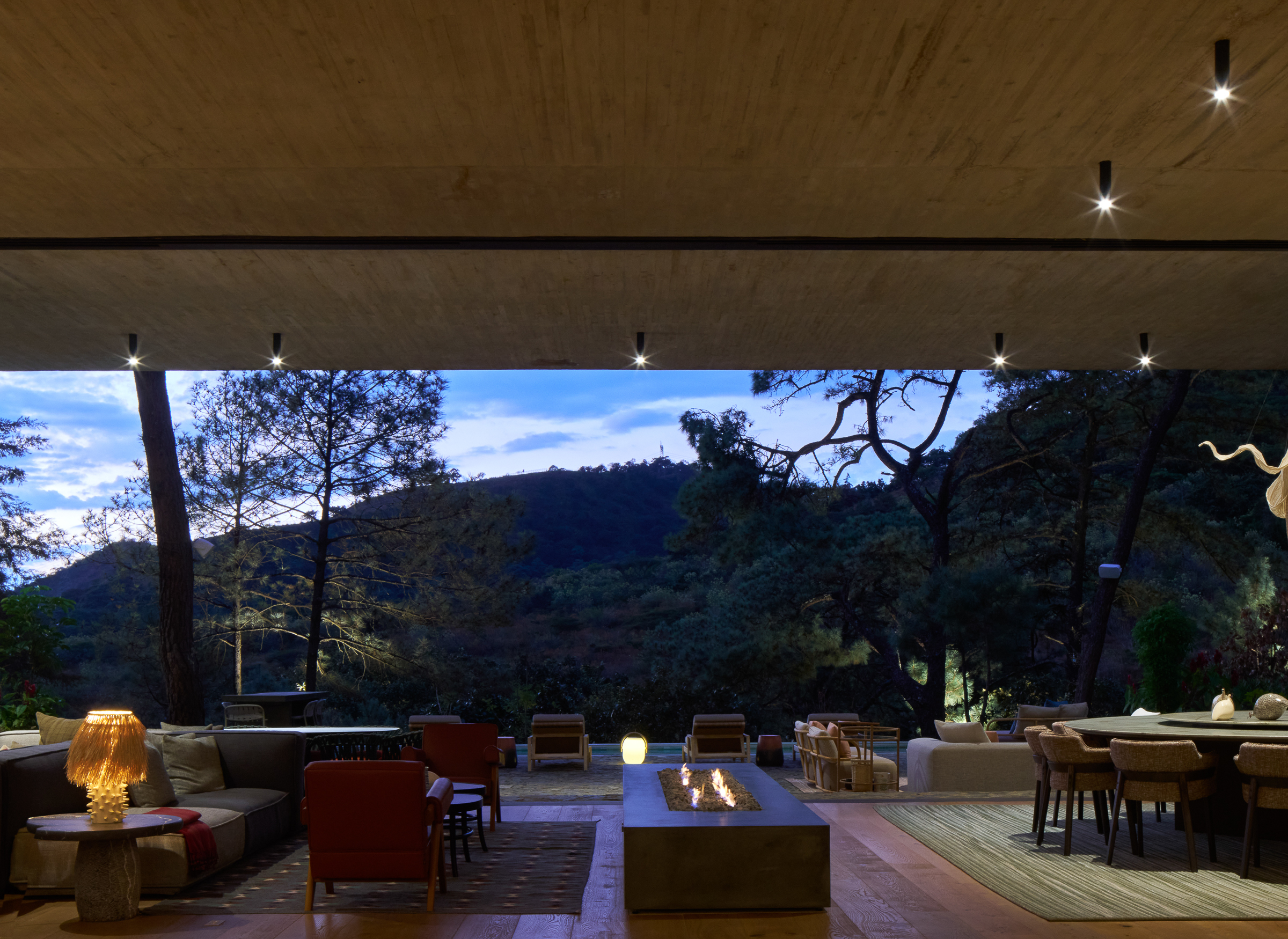 Looking out of the main living space at dusk