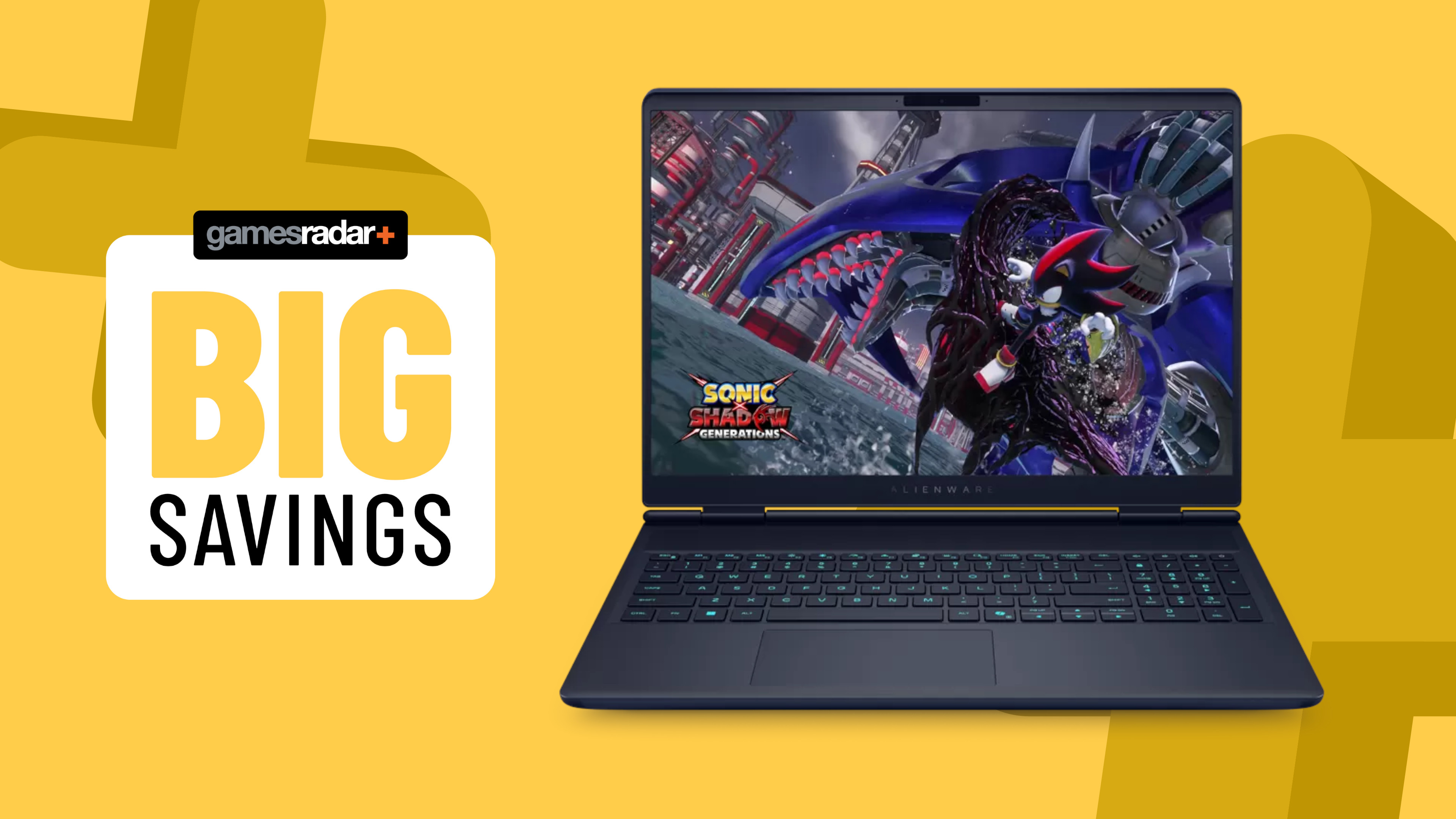 Alienware 16 Aurora gaming laptop on a yellow background with big savings badge