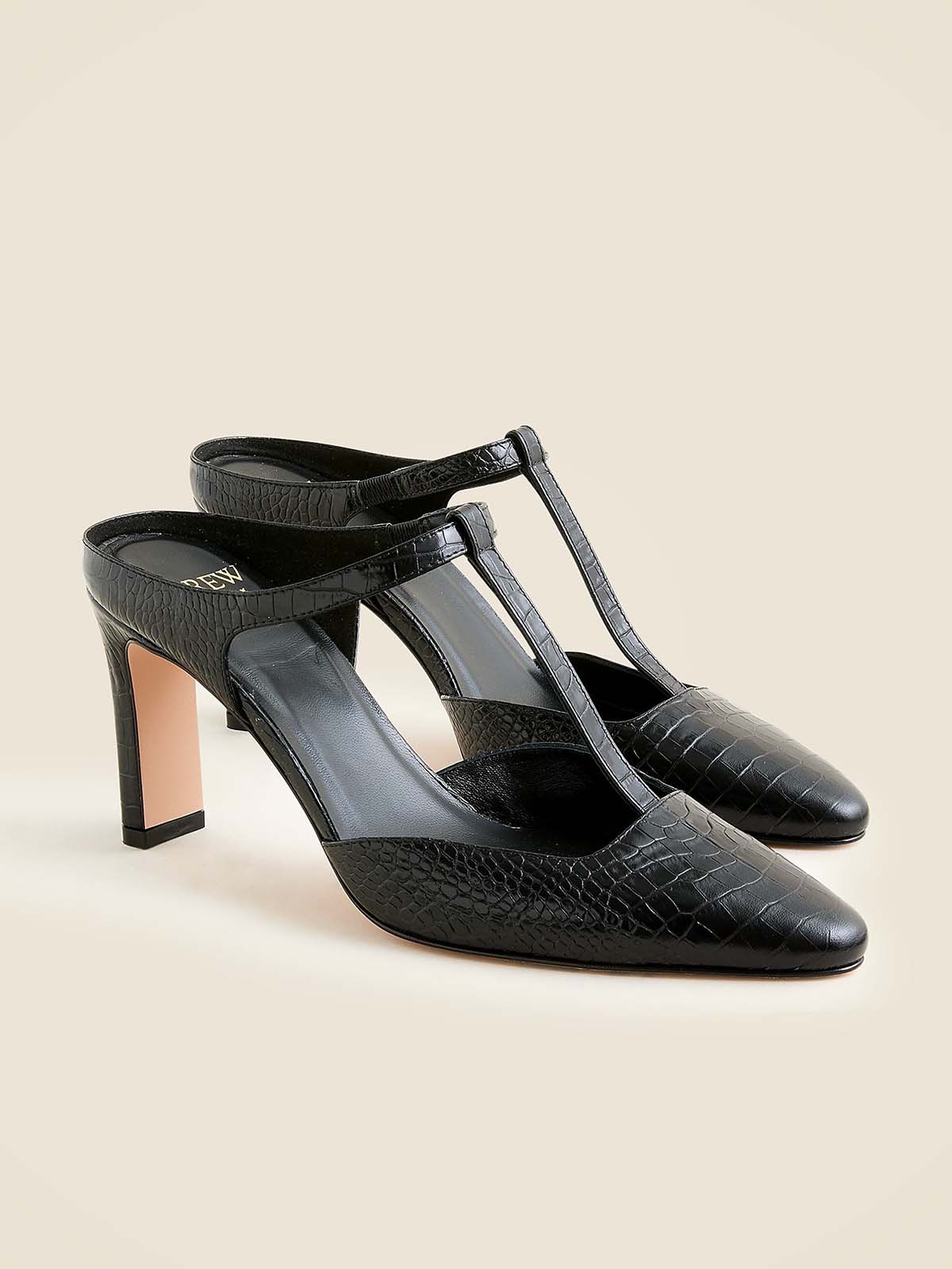 Made-In-Italy Jules T-Strap Pumps in Croc-Embossed Leather