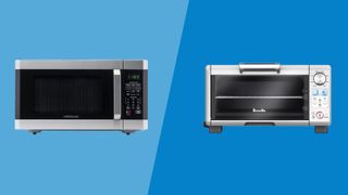 toaster oven vs microwave comparison article on a blue background