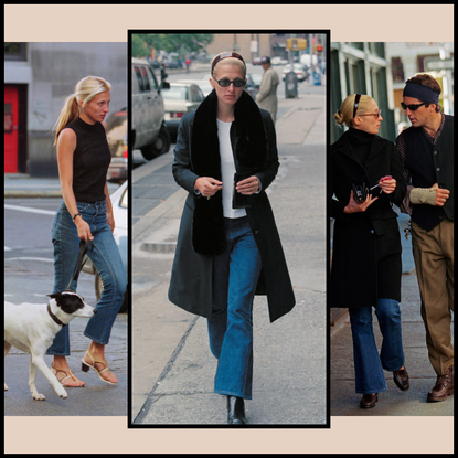 collage of carolyn bessette kennedy wearing bootcut jeans with black border on beige background