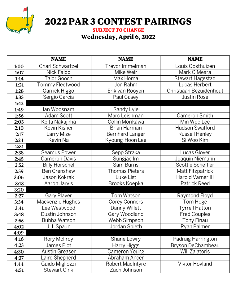 Tee times for the Par 3 contest