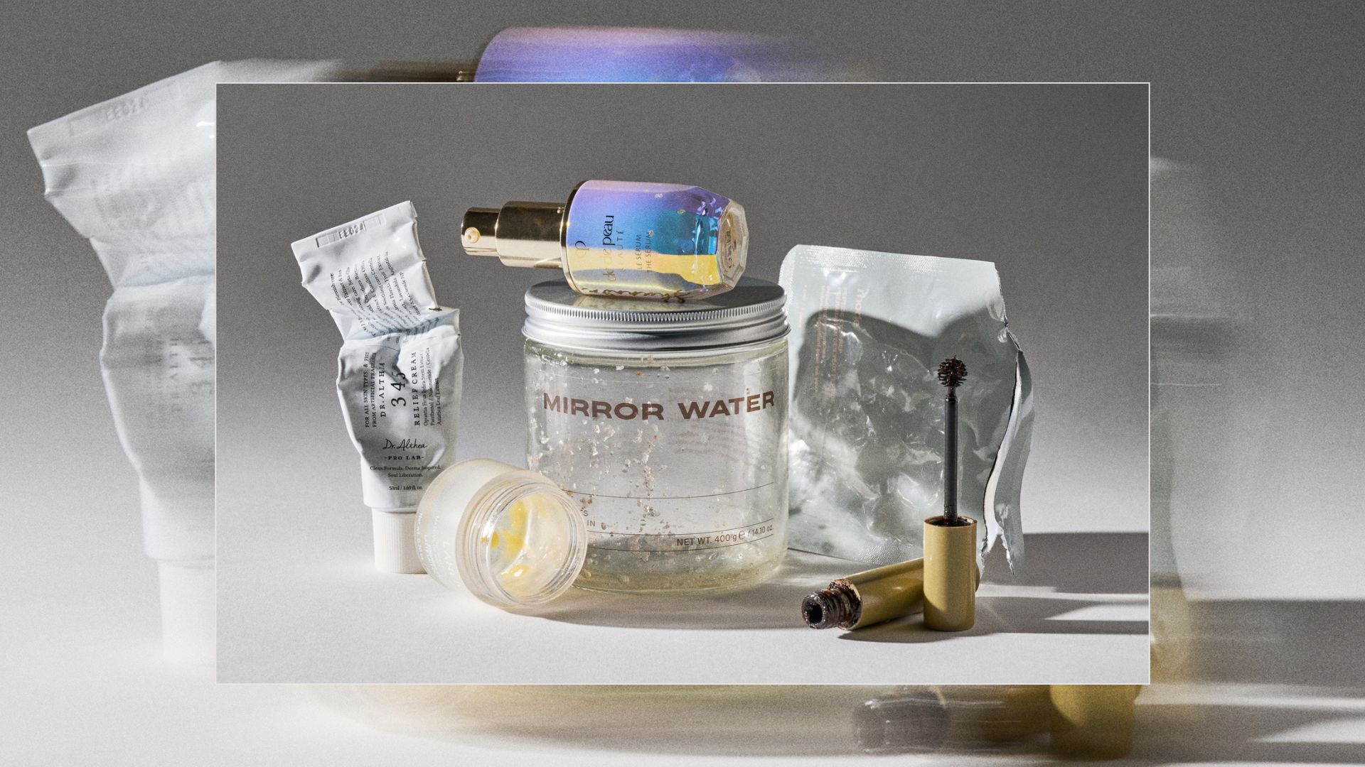 A compilation of Shannon Lawlor&#039;s empty beauty products from November 2025, including Mirror Water Bath Salts, Dr Althea Moisturiser, Clé de Peau Serum, Rhode Eye Masks, Laneige Sleeping Lip Mask and Refy Brow Tint