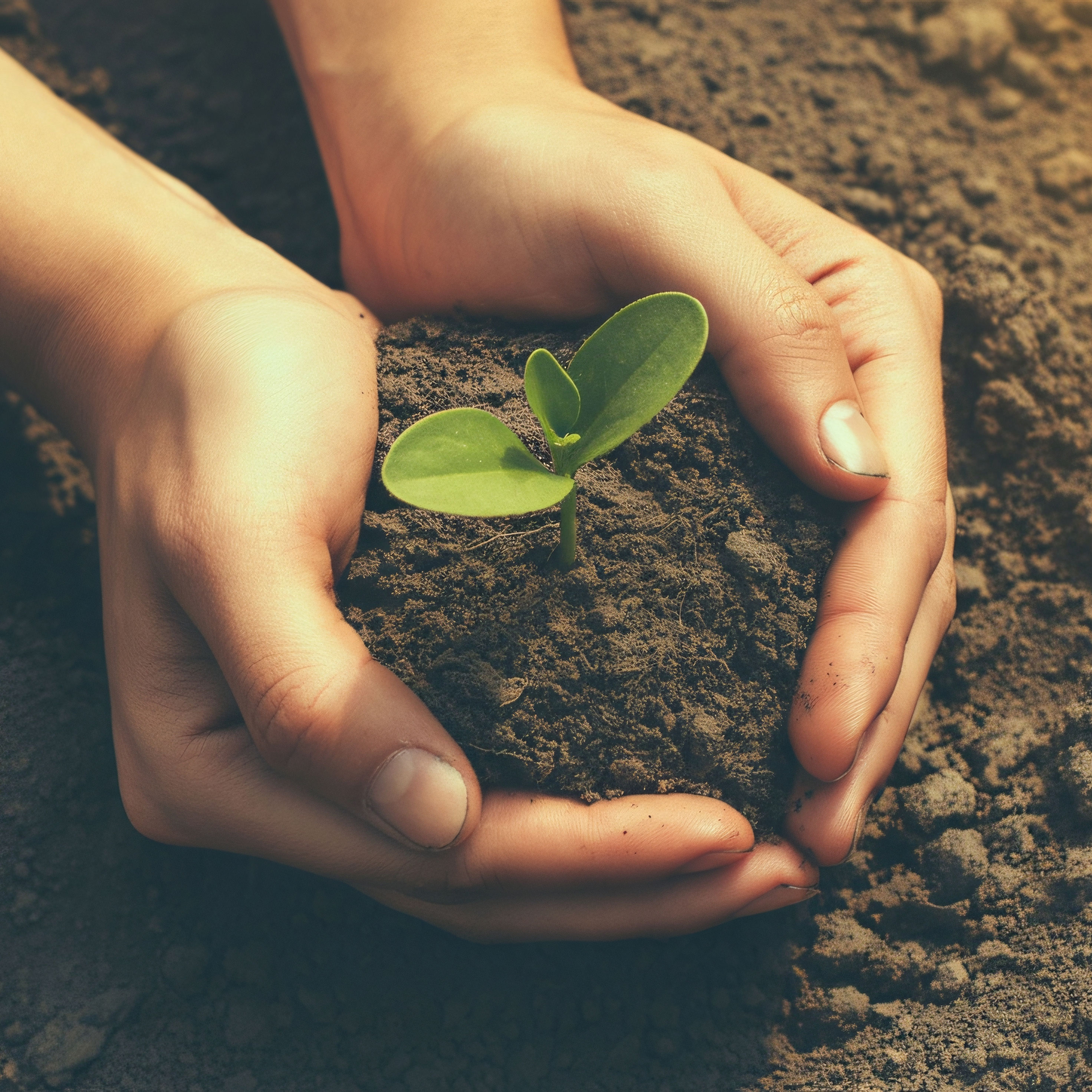hands holding garden soil with seedling planted in middle of clump