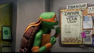 Michelangelo getting excited about improv comedy in Teenage Mutant Ninja Turtles: Mutant Mayhem