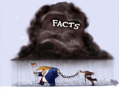 Political Cartoon U.S. Trump Raining Facts NOAA Chained