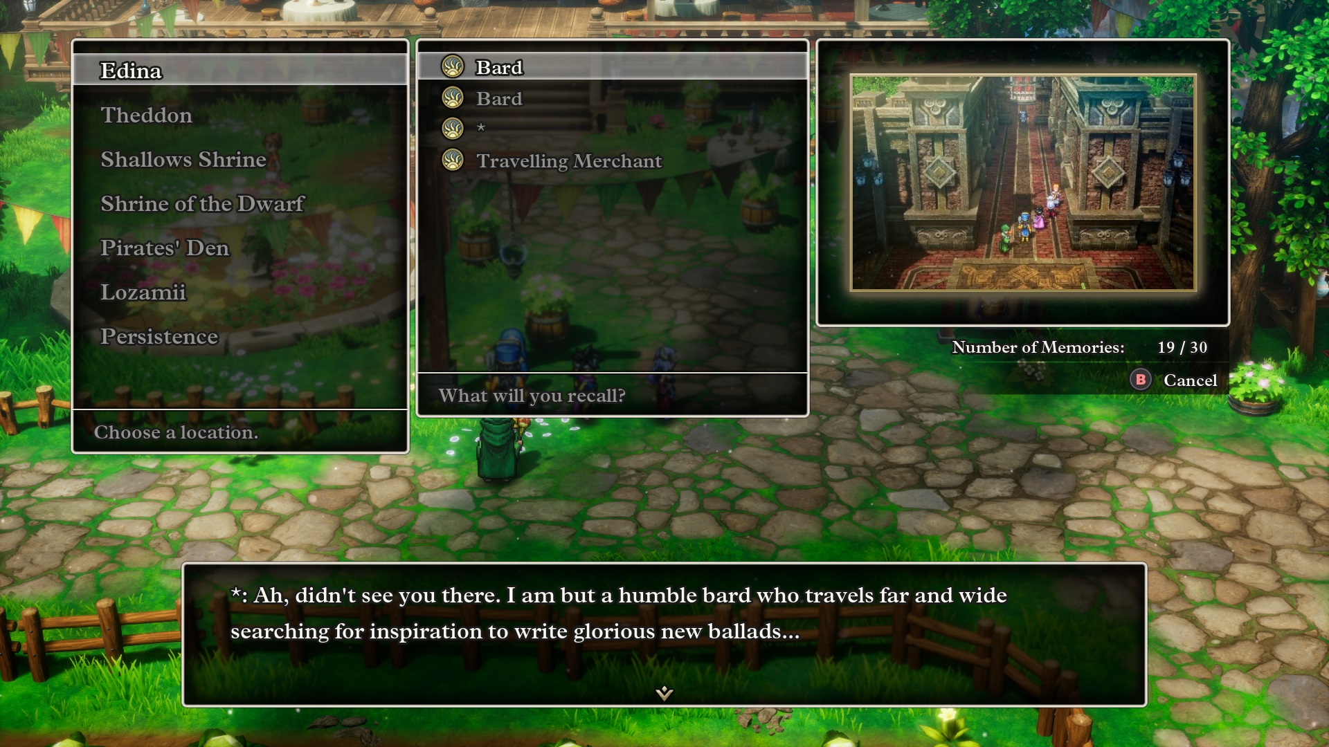 In-game screenshot of the player using the Recall mechanic to remember important clues in Dragon Quest 3 HD-2D Remake