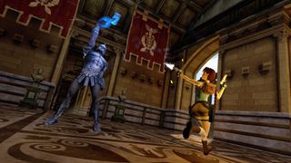 Lara Croft strafes a statue enemy in Tomb Raider 4-6 Remastered while blasting with her dual pistols