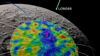 an illustration of the moon with a target zone filled with colors. each color represents concentrations of hydrogen. above are two spacecraft tracks as they move above the surface
