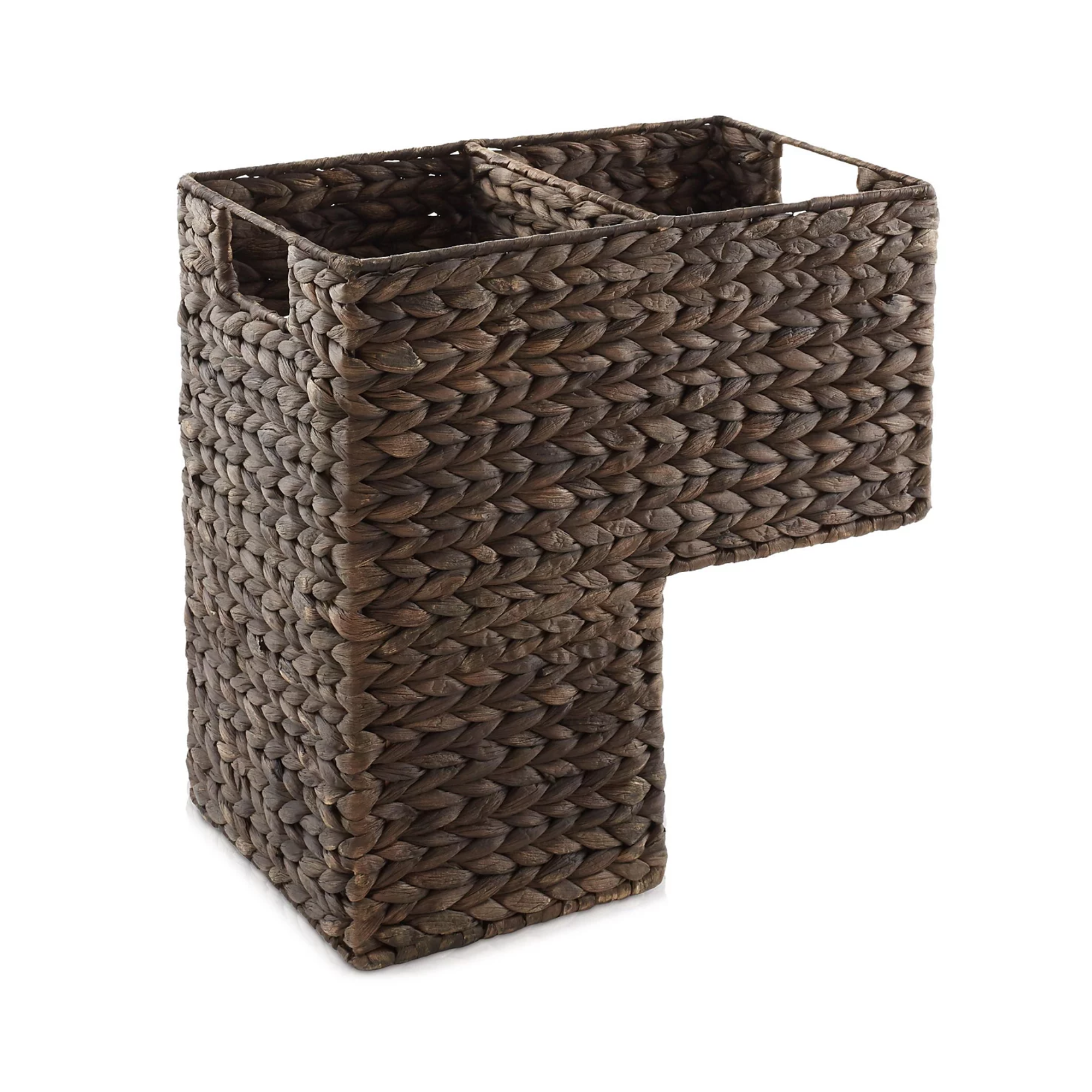 dark brown woven staircase storage basket