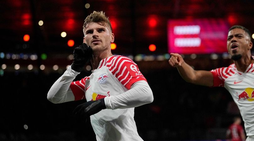 Timo Werner celebrates after scoring for RB Leipzig against FC Koln in October 2023.