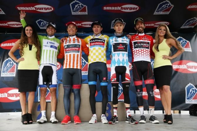 The jersey wearers on the podium after stage 2
