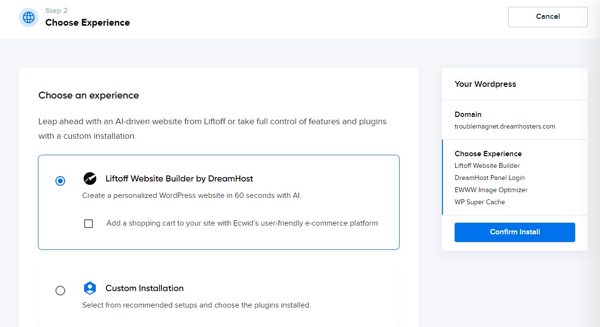 DreamHost's Liftoff Website builder