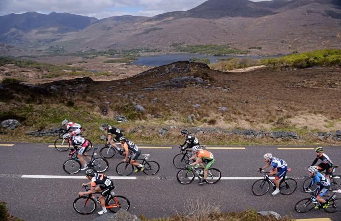 The front group pass Ladies View in Killarney on Stage 4 of the An Post Ras