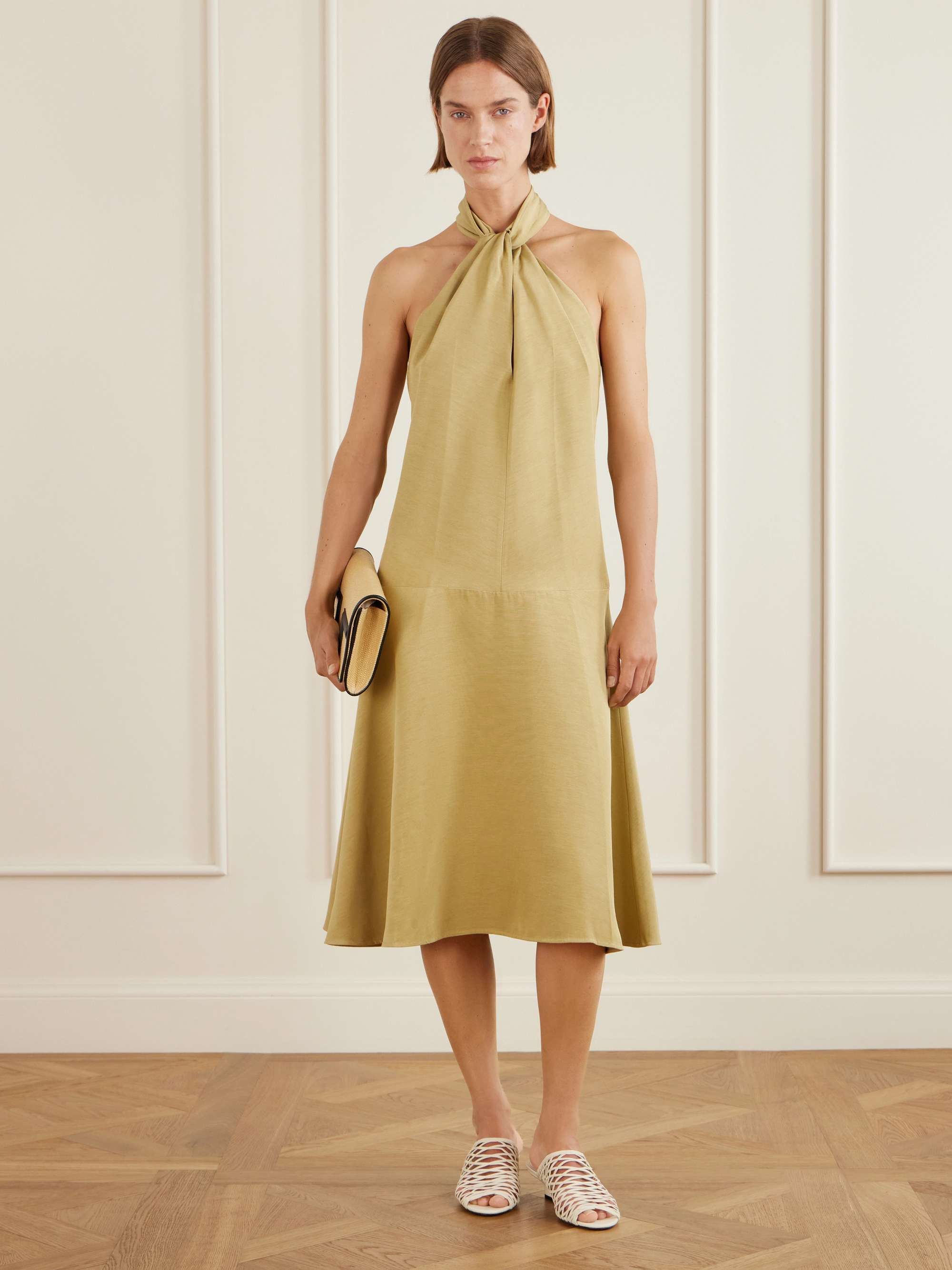 Scarf-Detailed Woven Halterneck Midi Dress