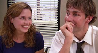 Jim and Pam in the dunder mifflin conference room.