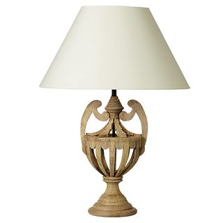 urn shaped lamp with wooden stand and white