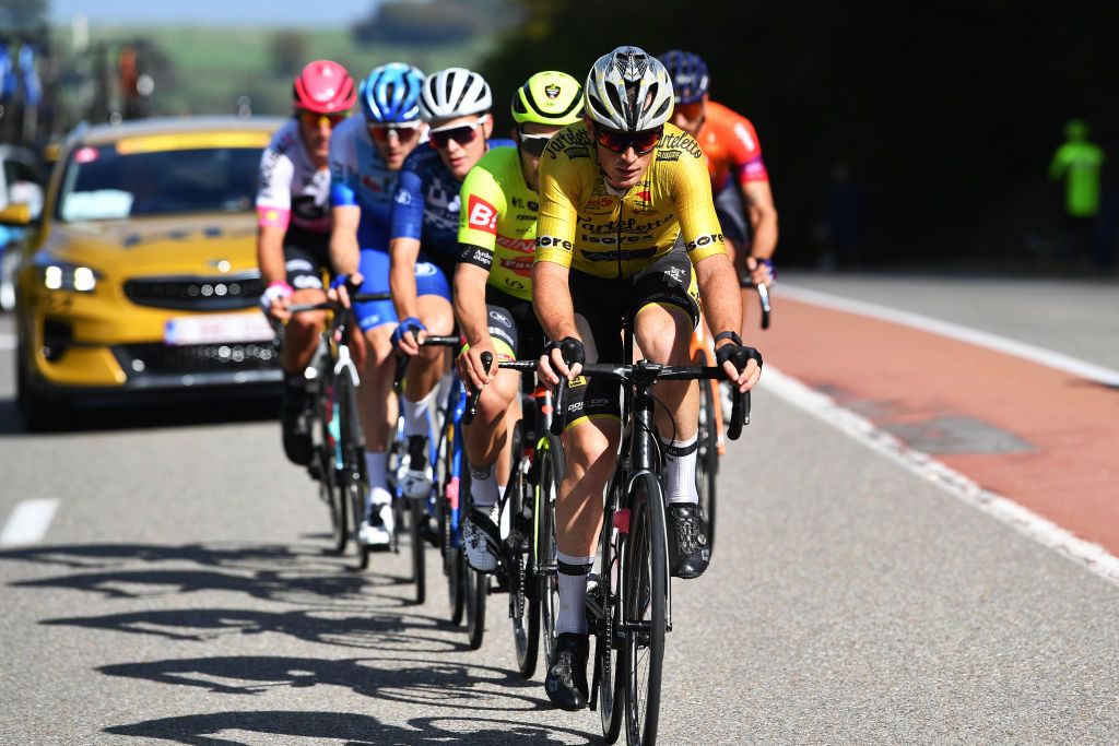 BINCHE BELGIUM OCTOBER 04 Torsten Demeyere of Belgium and Team Tarteletto Isorex competes in the breakaway during the 35th Binche Chimay Binche Memorial Frank Vandenbroucke 2022 a 1986km one day race from Binche to Binche BincheChimayBinche on October 04 2022 in Binche Belgium Photo by Luc ClaessenGetty Images
