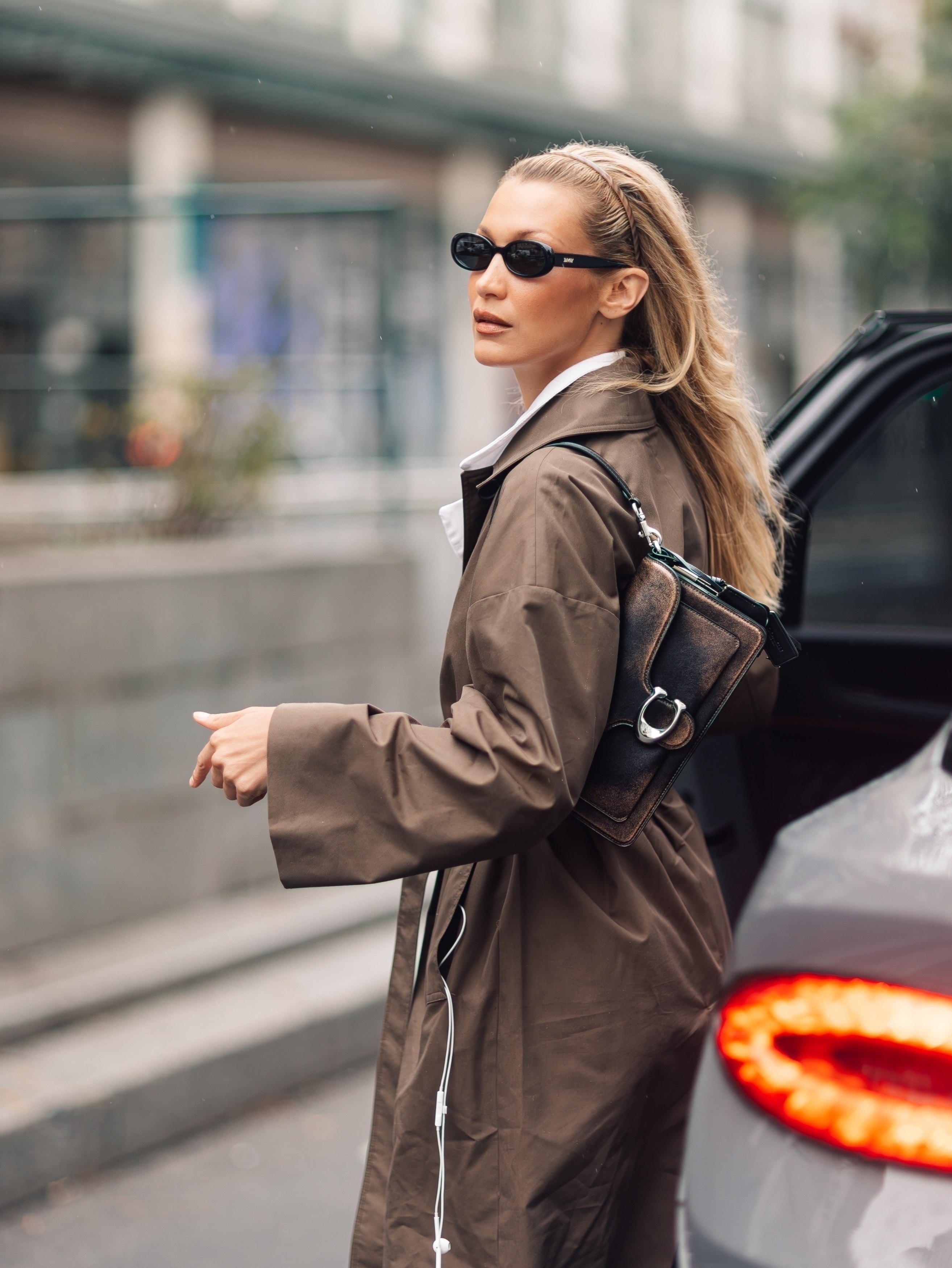 Bella Hadid wearing a coach tabby in september 2025