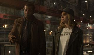 Samuel L. Jackson and Brie Larson as Nick Fury and Carol Danvers in Captain Marvel