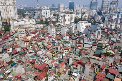 aerial view of densely built vietnamese neighbourhood