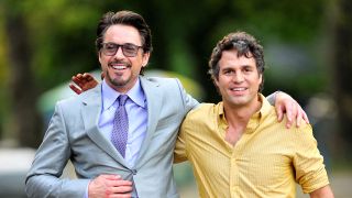 Mark Ruffalo and Robert Downey Jr seen on the set of Avengers 2011.