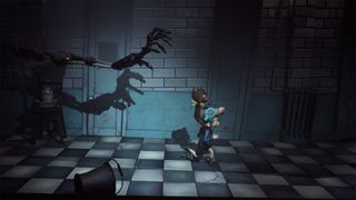 An image of Daydream: Forgotten Sorrow showing Griffin and Birly fleeing a creepy hand.