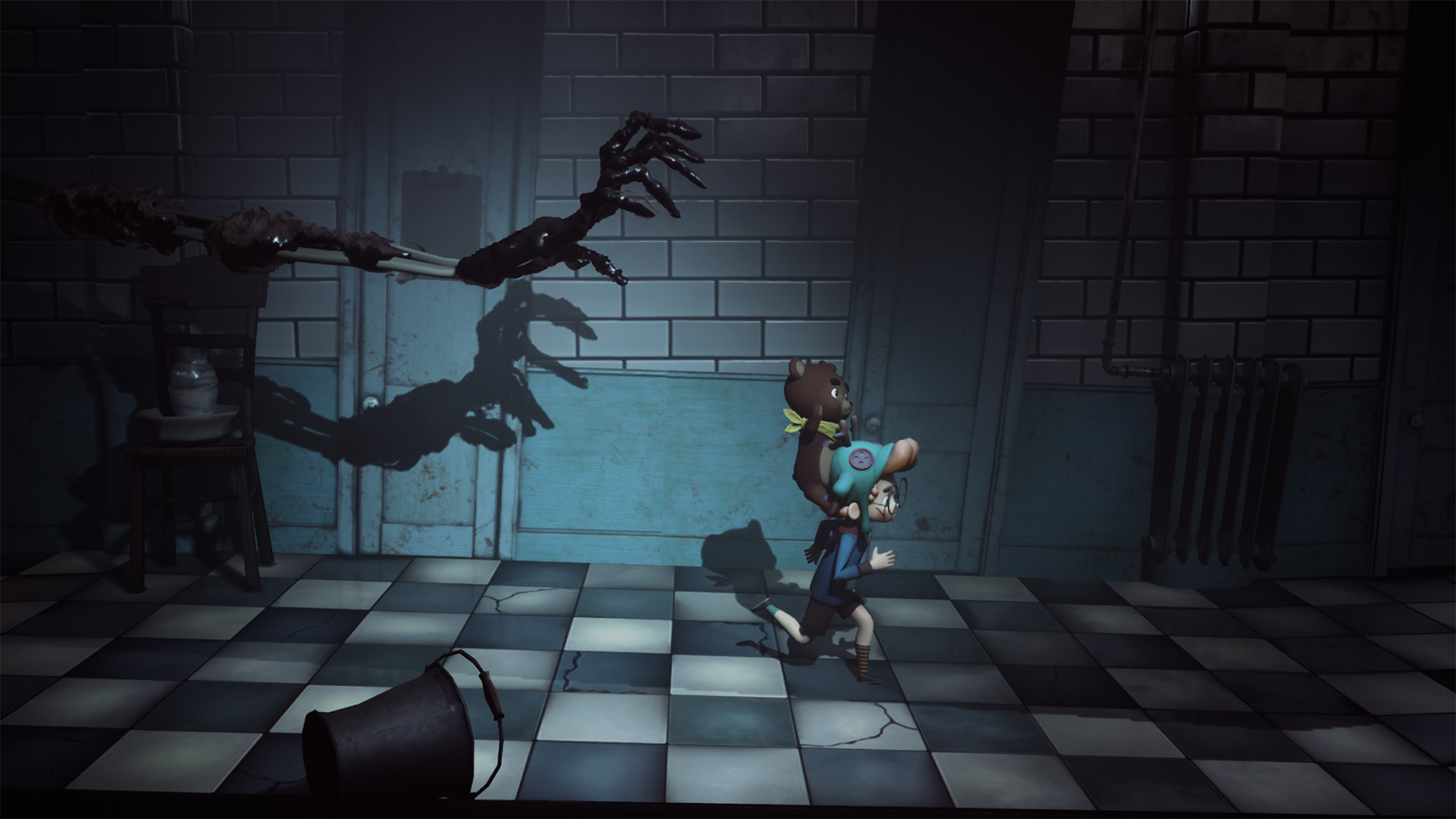 An image of Daydream: Forgotten Sorrow showing Griffin and Birly fleeing a creepy hand.