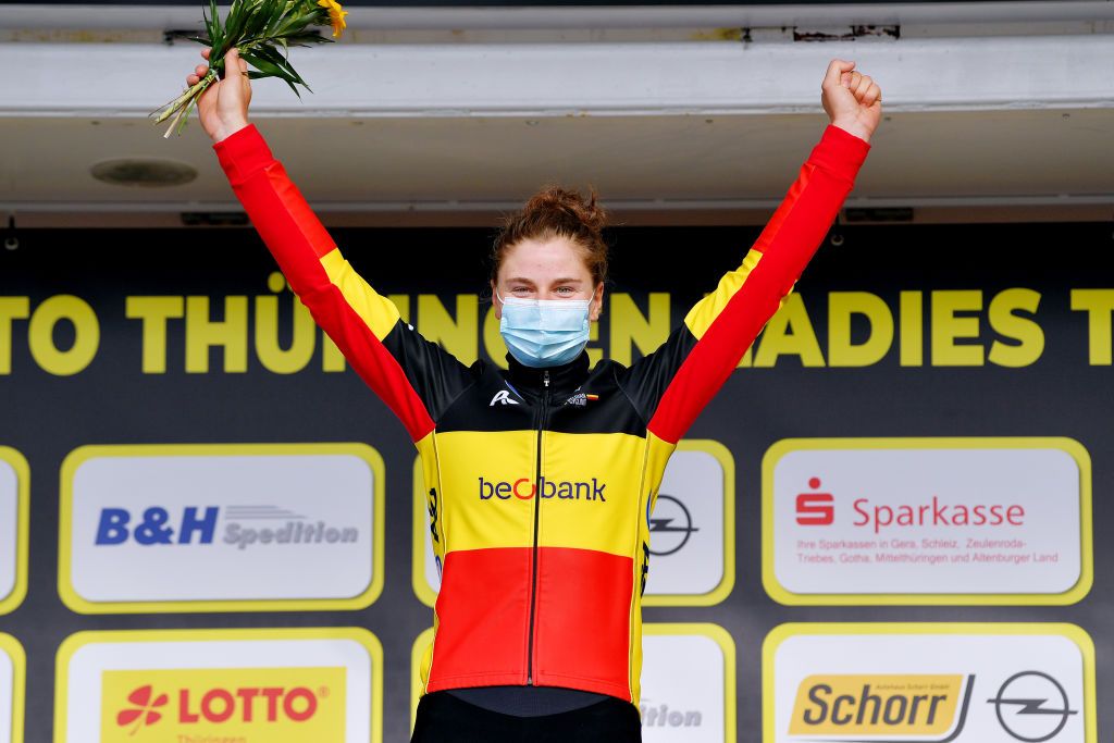 DRTENDORF GERMANY MAY 28 Lotte Kopecky of Belgium and Team Belgium stage winner celebrates at podium during the 34th Internationale LOTTO Thringen Ladies Tour 202 Stage 4 a 101km stage from Drtendorf to Drtendorf 420m ltlt2021 lottothueringenladiestour womencycling on May 28 2021 in Drtendorf Germany Photo by Luc ClaessenGetty Images