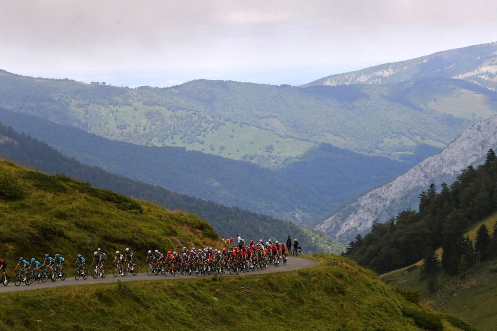 SARRANCOLIN FRANCE AUGUST 03 Omar Fraile Matarranz of Spain and Astana Pro Team Aleksandr Vlasov of Russia and Astana Pro Team Miguel ngel Lpez Moreno of Colombia and Astana Pro Team Tony Gallopin of France and Team Ag2R La Mondiale Romain Bardet of France and Team Ag2R La Mondiale Niklas Eg of Denmark and Team Trek Segafredo Port de Bals 1755m Peloton Landscape during the 44th La Route dOccitanie La Depeche du Midi 2020 Stage 3 a 1635km stage from Saint Gaudens to Col de Beyrde 1417m RouteOccitanie RDO2020 on August 03 2020 in Sarrancolin France Photo by Justin SetterfieldGetty Images
