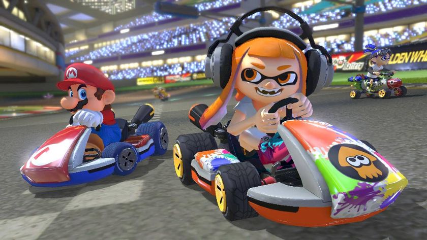 Mario Kart 8 Deluxe screenshot shows Mario and Inkling racing.