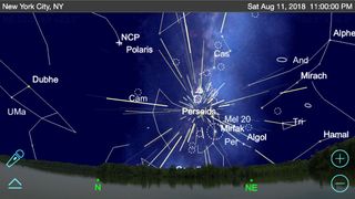 Each meteor shower is named for the constellation Earth is heading towards as we pass through the debris field, causing the meteors to appear to radiate from that patch of sky. Astronomy apps like The SkySafari 6 can display the radiant for the meteor shower against the distant background stars. The radiant for the Perseids is in the upper region of Perseus, below the bright "W"-shaped stars of Cassiopeia and above the bright star Mirfak. But focus your attention on the rest of the sky; any meteors seen near the radiant will have shorter trails.
