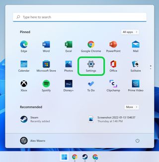 Windows 11 Start menu open with Settings menu highlighted