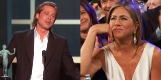 Brad Pitt giving a speech and Jennifer Aniston's reaction.