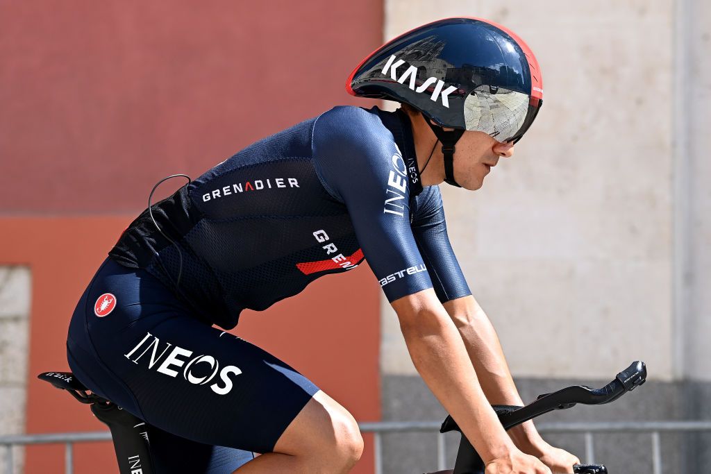 BURGOS SPAIN AUGUST 14 Richard Carapaz of Ecuador and Team INEOS Grenadiers prepares for the race prior to the 76th Tour of Spain 2021 Stage 1 a 71km individual time trial from Burgos Catedral de Santa Mara to Burgos lavuelta LaVuelta21 CapitalMundialdelCiclismo catedral2021 on August 14 2021 in Burgos Spain Photo by Stuart FranklinGetty Images