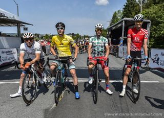 Jerseys at the start of the final stage: Tyler Magner, Nick Zukowsky, Oscar Eduardo Sanchez Guarin and Adam Roberge