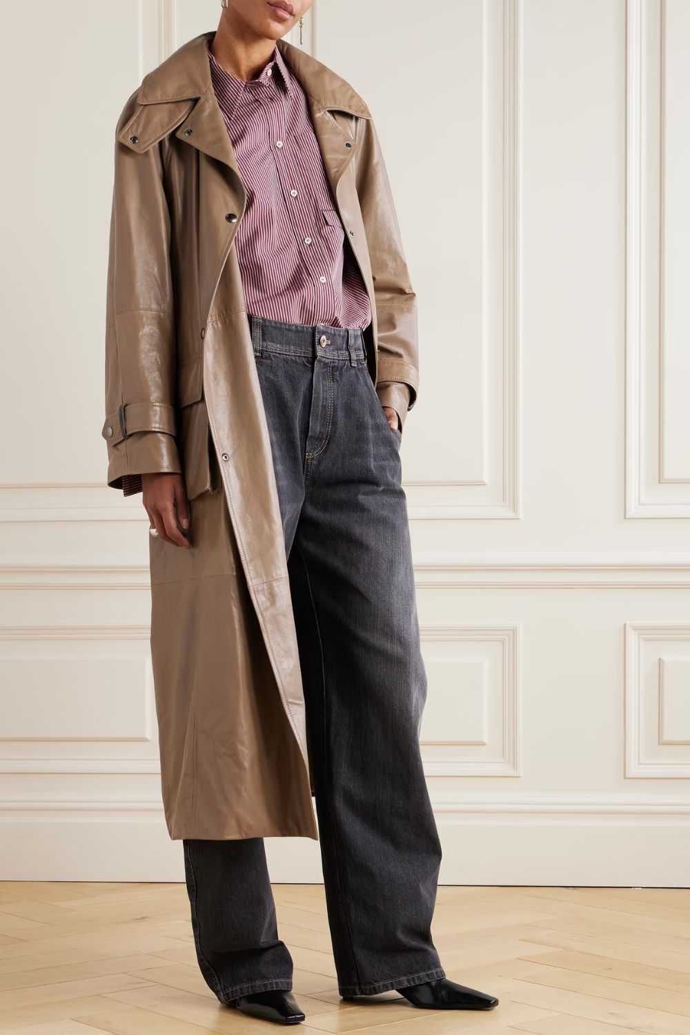 Brunello Cucinelli Bead-embellished belted double-breasted leather trench coat