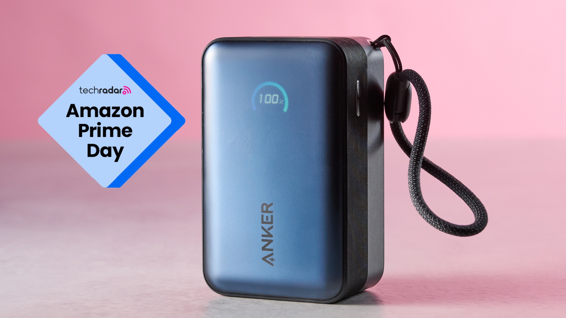 Anker Nano 10K 45W power bank on pink background with badge that reads 'TechRadar: Amazon Prime Day'