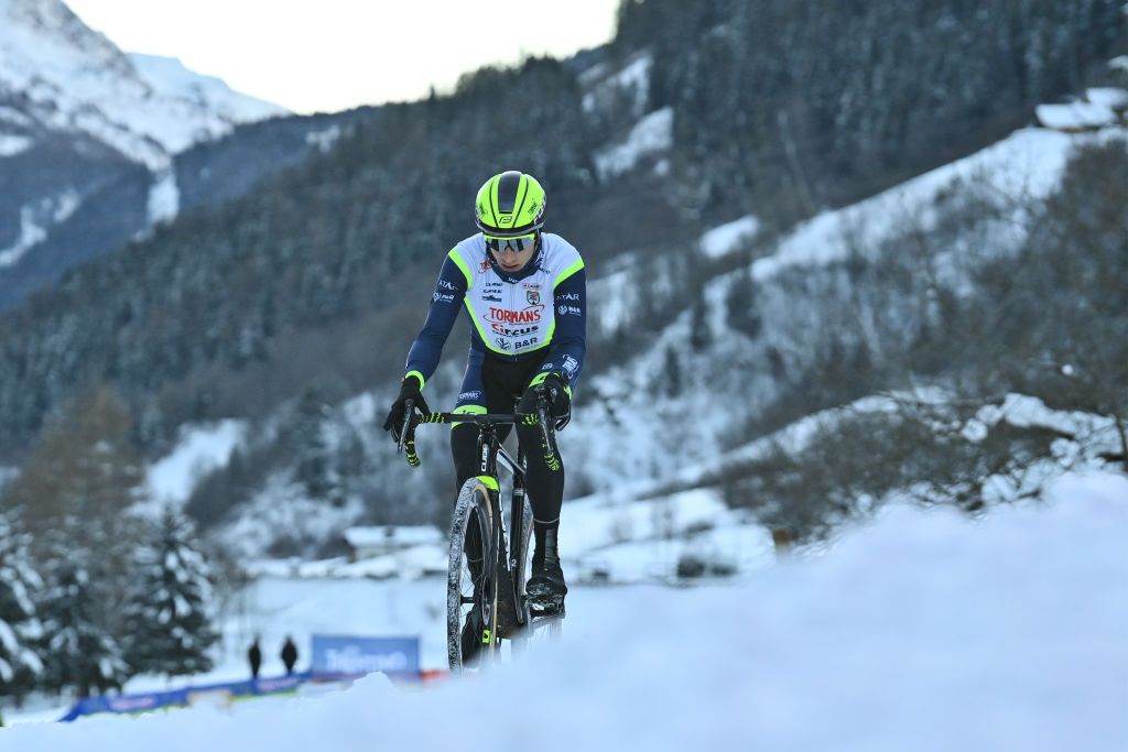 Belgian Quinten Hermans pictured in action during the track reconaissance ahead of the Cyclocross World Cup race in Val di Sole Italy Saturday 11 December 2021 stage ten out of 16 in the World Cup of the 20212022 season BELGA PHOTO DAVID STOCKMAN Photo by DAVID STOCKMANBELGA MAGAFP via Getty Images