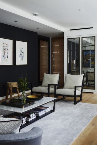 Contemporary black and white living room with a wooden floor and a grey rug