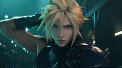Final Fantasy 7 Remake protagonist Cloud Strife reaching for a sword strapped to his back